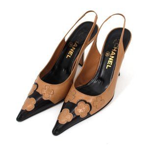 CHANEL Beige Black Floral CC Logo Embossed Slingback Stiletto Heels Shoe sz 36.5